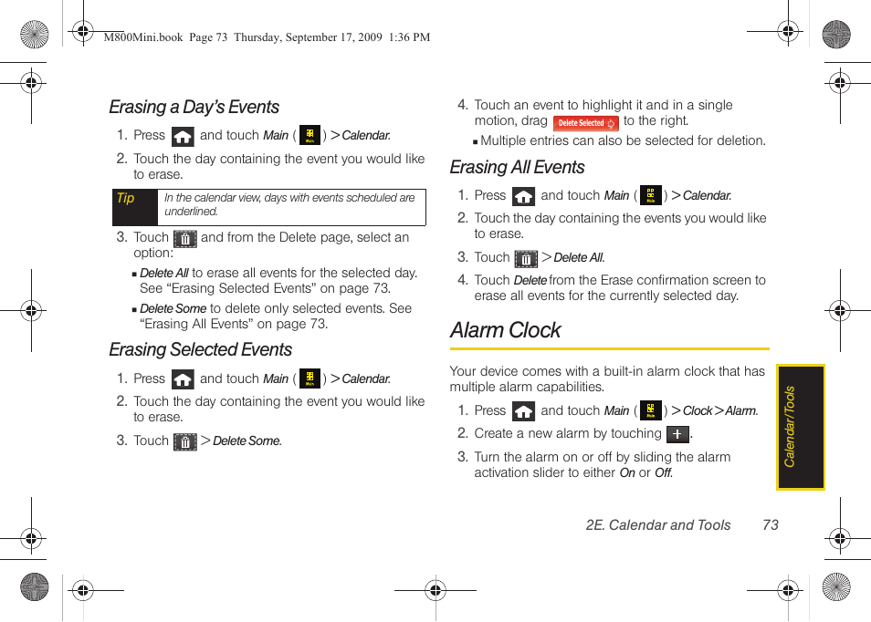 Erasing a day’s events, Erasing selected events, Erasing all events | Alarm clock | Samsung SPH-M810HAASPR User Manual | Page 85 / 235