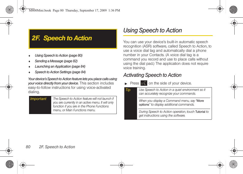 2f. speech to action, Using speech to action, Activating speech to action | Samsung SPH-M810HAASPR User Manual | Page 92 / 235