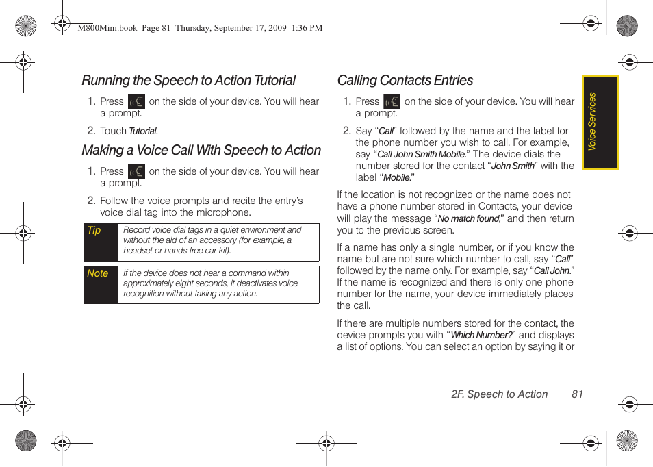 Running the speech to action tutorial, Making a voice call with speech to action, Calling contacts entries | Samsung SPH-M810HAASPR User Manual | Page 93 / 235