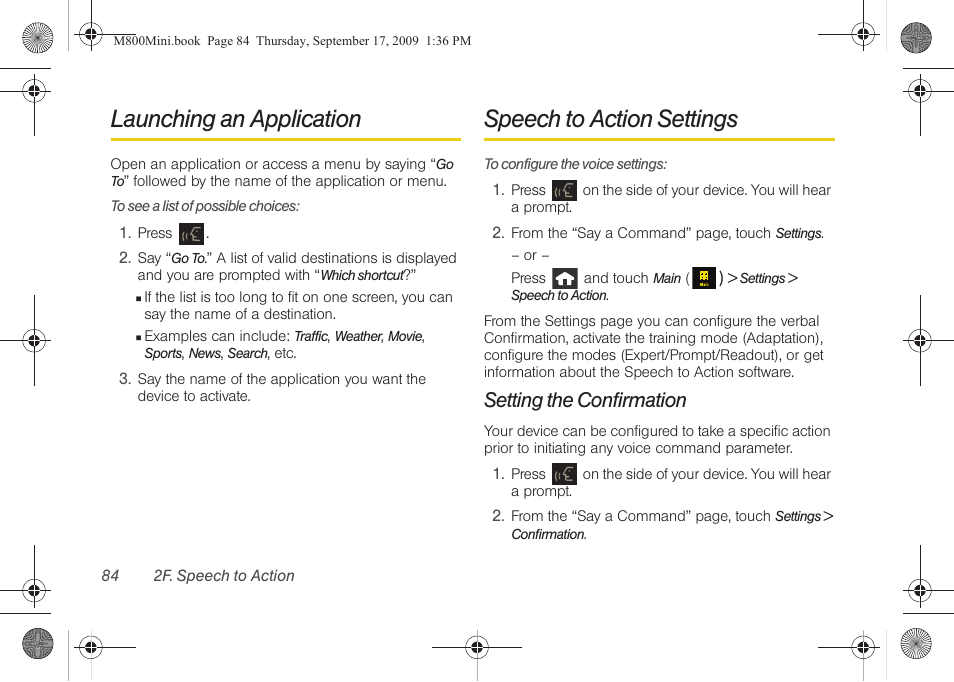 Launching an application, Speech to action settings, Setting the confirmation | Samsung SPH-M810HAASPR User Manual | Page 96 / 235