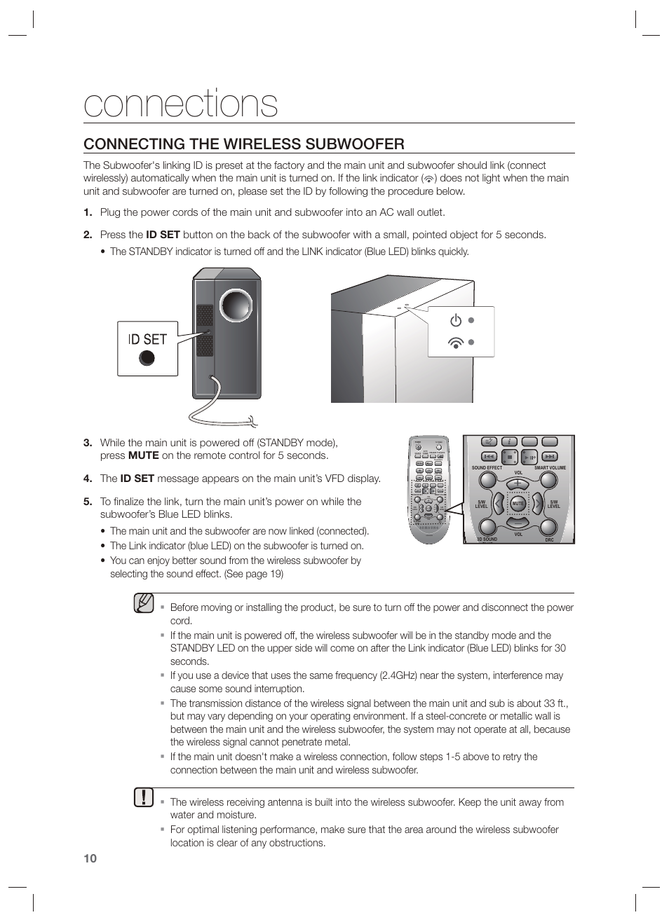 Connecting the wireless subwoofer, Connections | Samsung HW-F450-ZA User Manual | Page 10 / 25