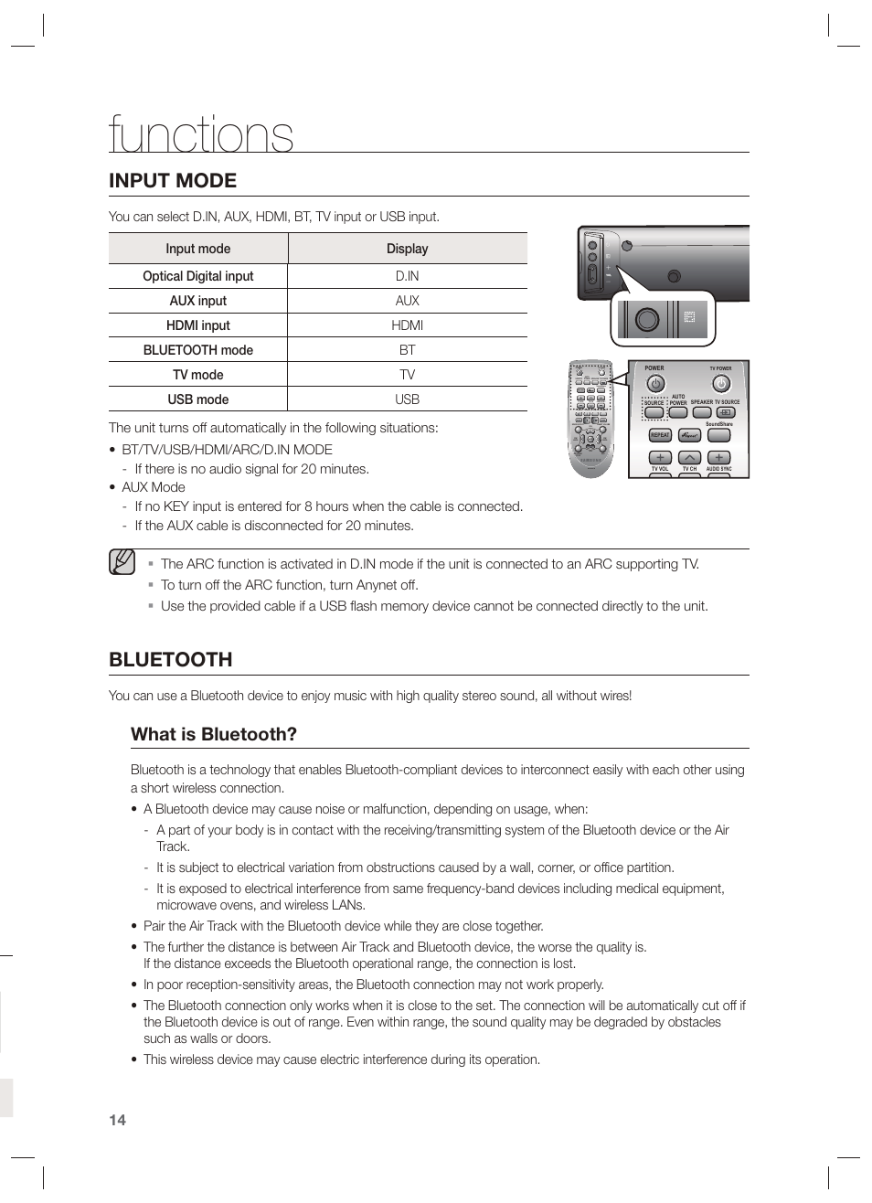 Functions, Input mode, Bluetooth | What is bluetooth | Samsung HW-F450-ZA User Manual | Page 14 / 25