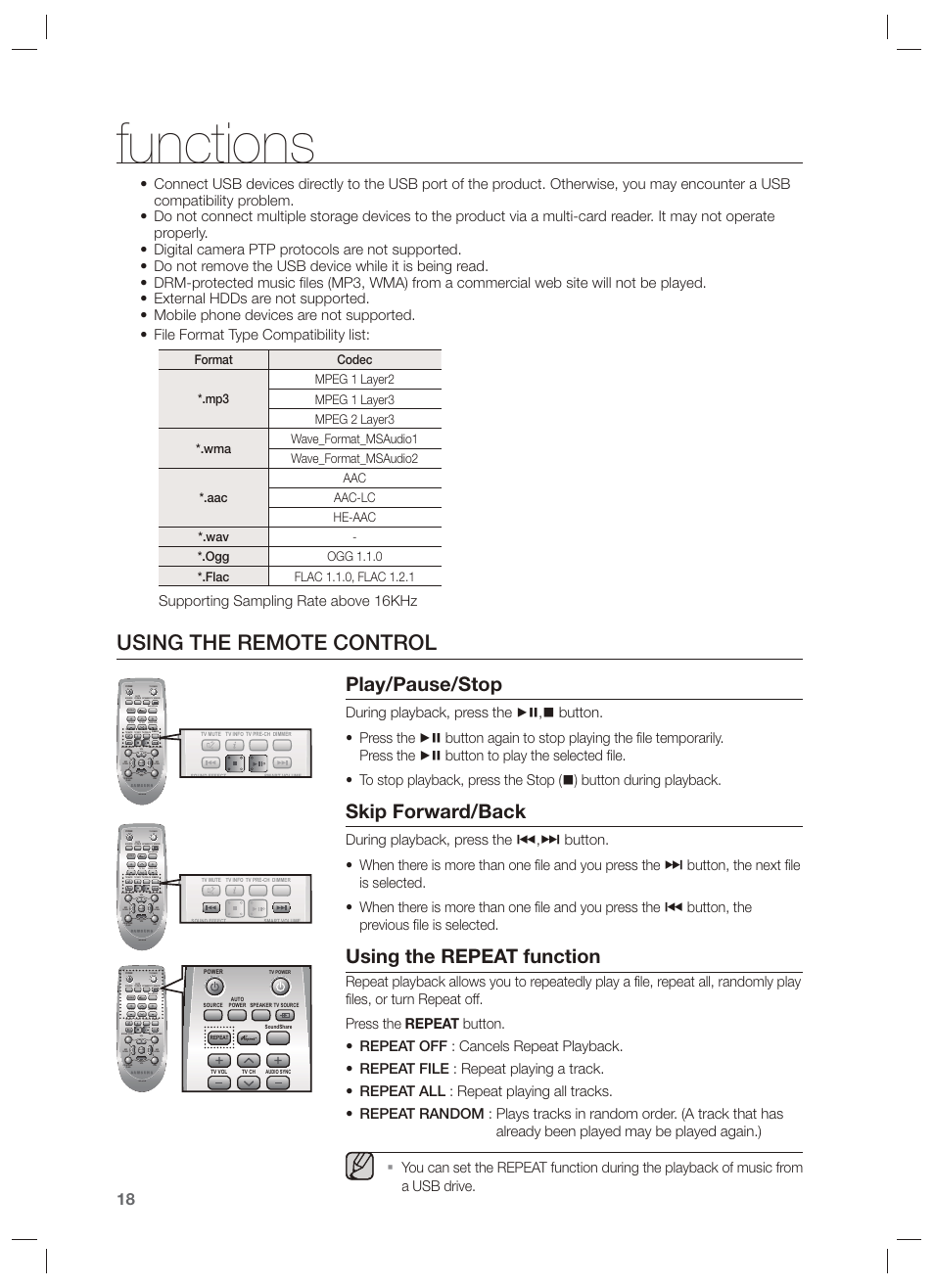 Using the remote control, Functions, Play/pause/stop | Skip forward/back, Using the repeat function, Supporting sampling rate above 16khz | Samsung HW-F450-ZA User Manual | Page 18 / 25