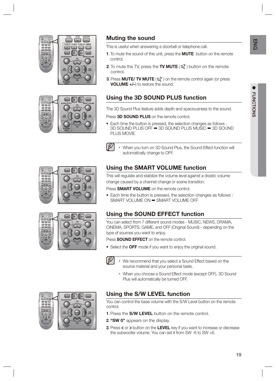 Muting the sound, Using the 3d sound plus function, Using the smart volume function | Using the sound effect function, Using the s/w level function, Functions | Samsung HW-F450-ZA User Manual | Page 19 / 25