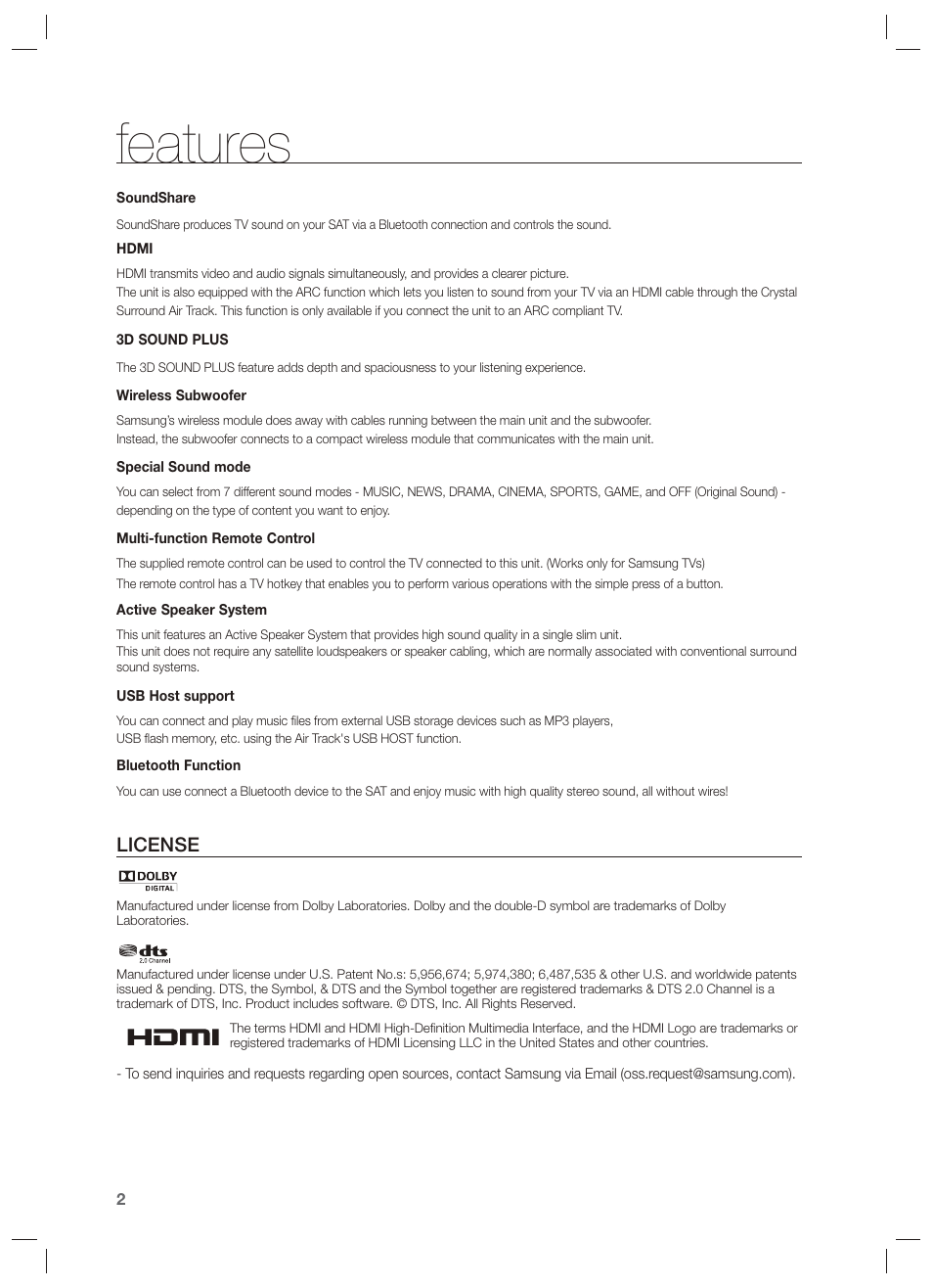 Features, License | Samsung HW-F450-ZA User Manual | Page 2 / 25