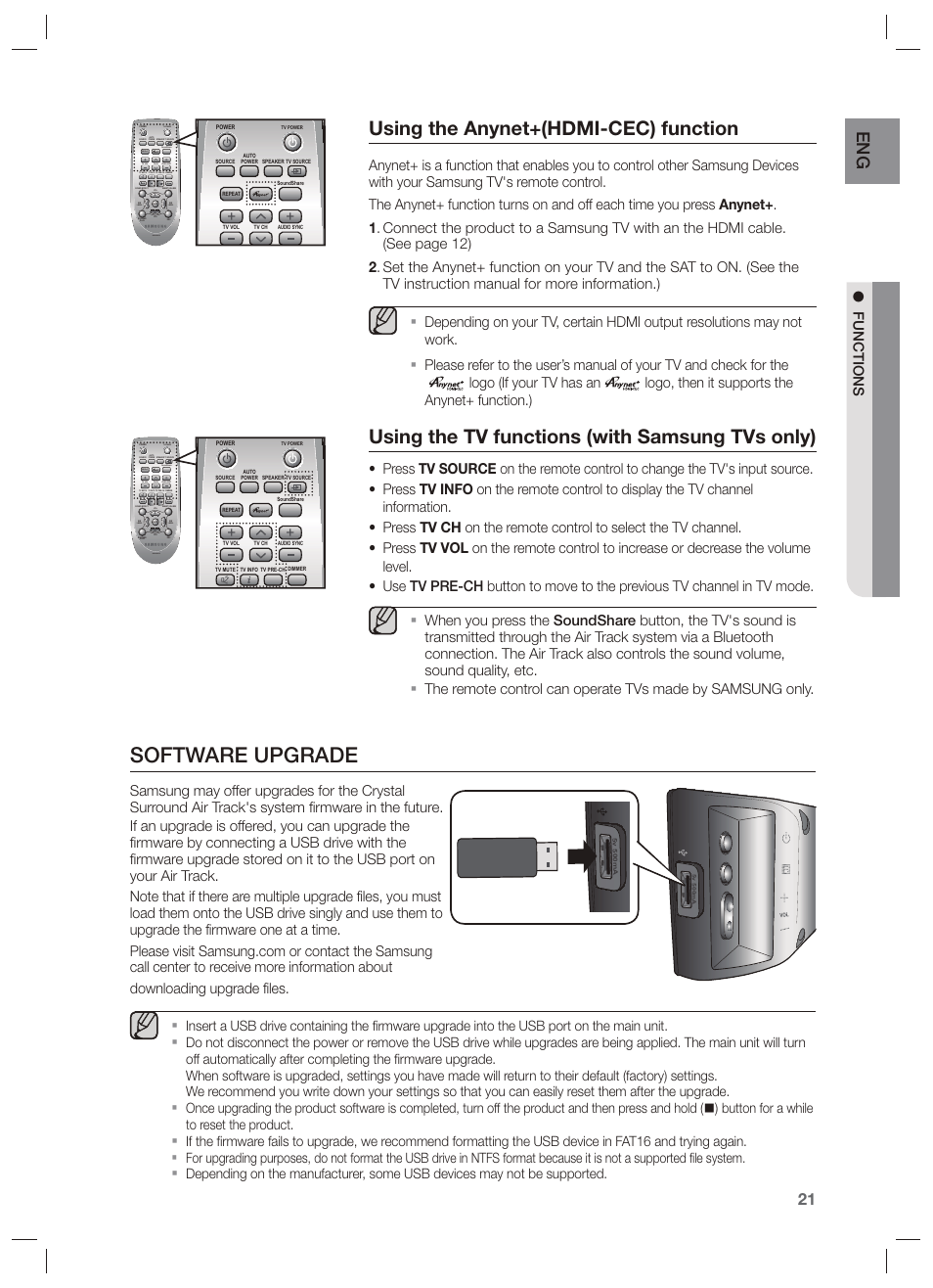 Software upgrade, Using the anynet+(hdmi-cec) function, Using the tv functions (with samsung tvs only) | Functions | Samsung HW-F450-ZA User Manual | Page 21 / 25