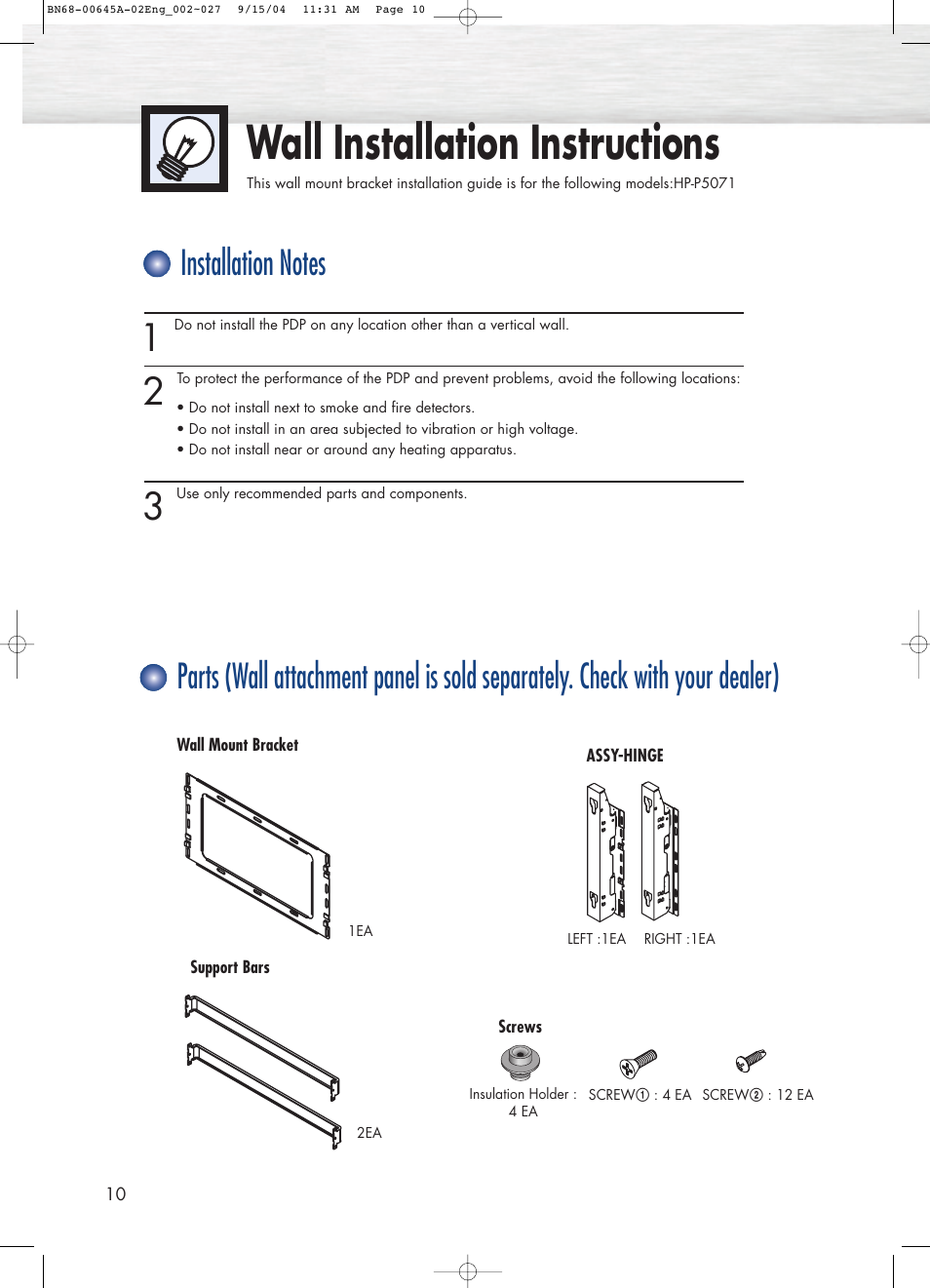 Wall installation instructions | Samsung HPP5071X-XAC User Manual | Page 10 / 116