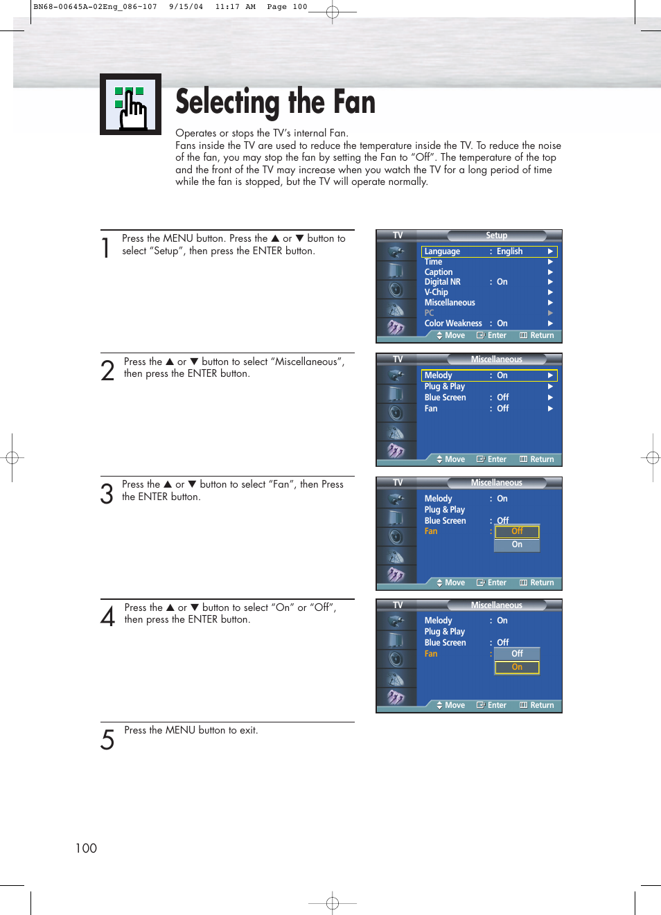 Setting the fan, Selecting the fan | Samsung HPP5071X-XAC User Manual | Page 100 / 116