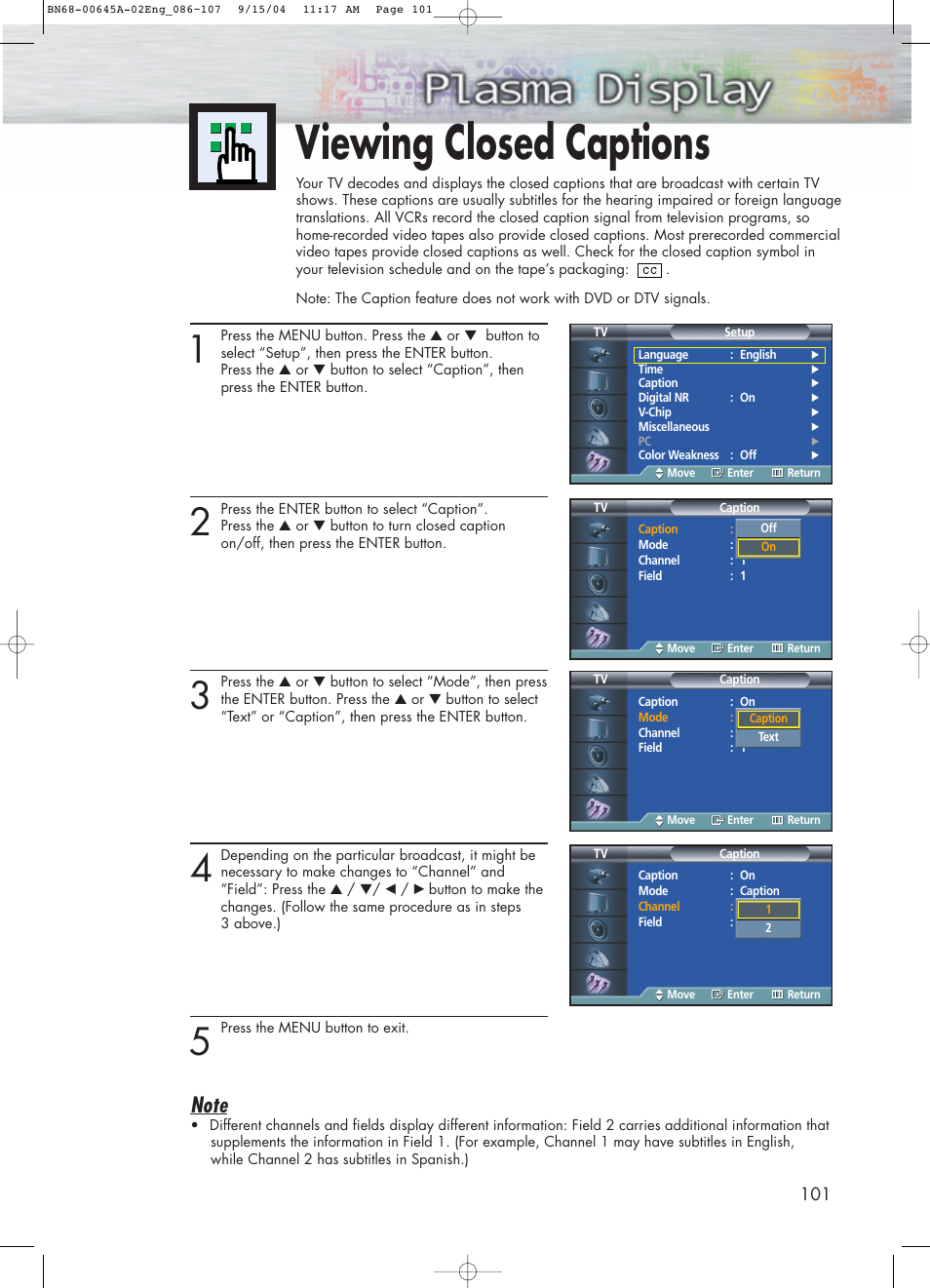 Viewing closed captions | Samsung HPP5071X-XAC User Manual | Page 101 / 116