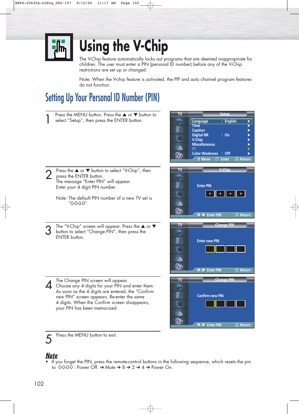 Using the v-chip, Setting up your personal id number (pin) | Samsung HPP5071X-XAC User Manual | Page 102 / 116