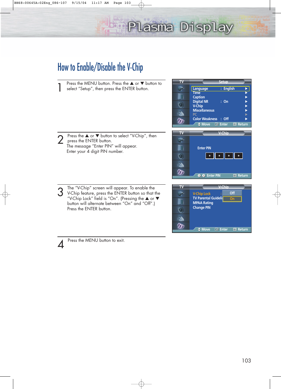 How to enable/disable the v-chip | Samsung HPP5071X-XAC User Manual | Page 103 / 116