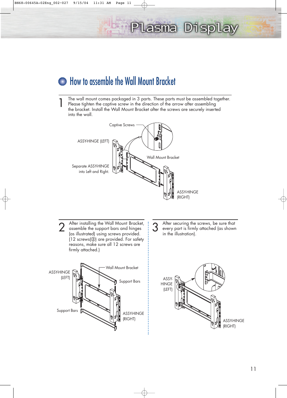 How to assemble the wall mount bracket | Samsung HPP5071X-XAC User Manual | Page 11 / 116