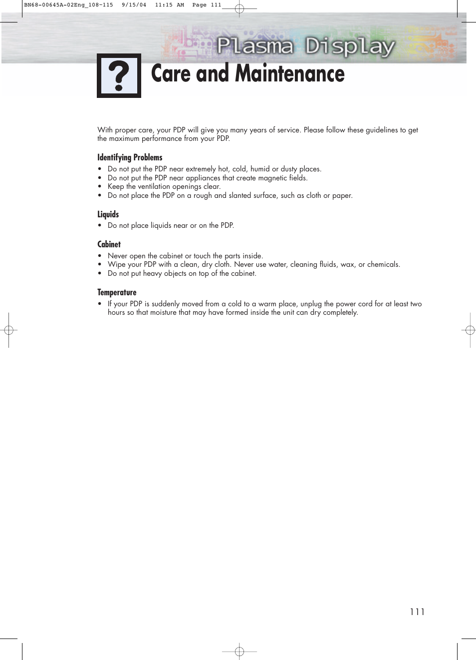 Care and maintenance | Samsung HPP5071X-XAC User Manual | Page 111 / 116