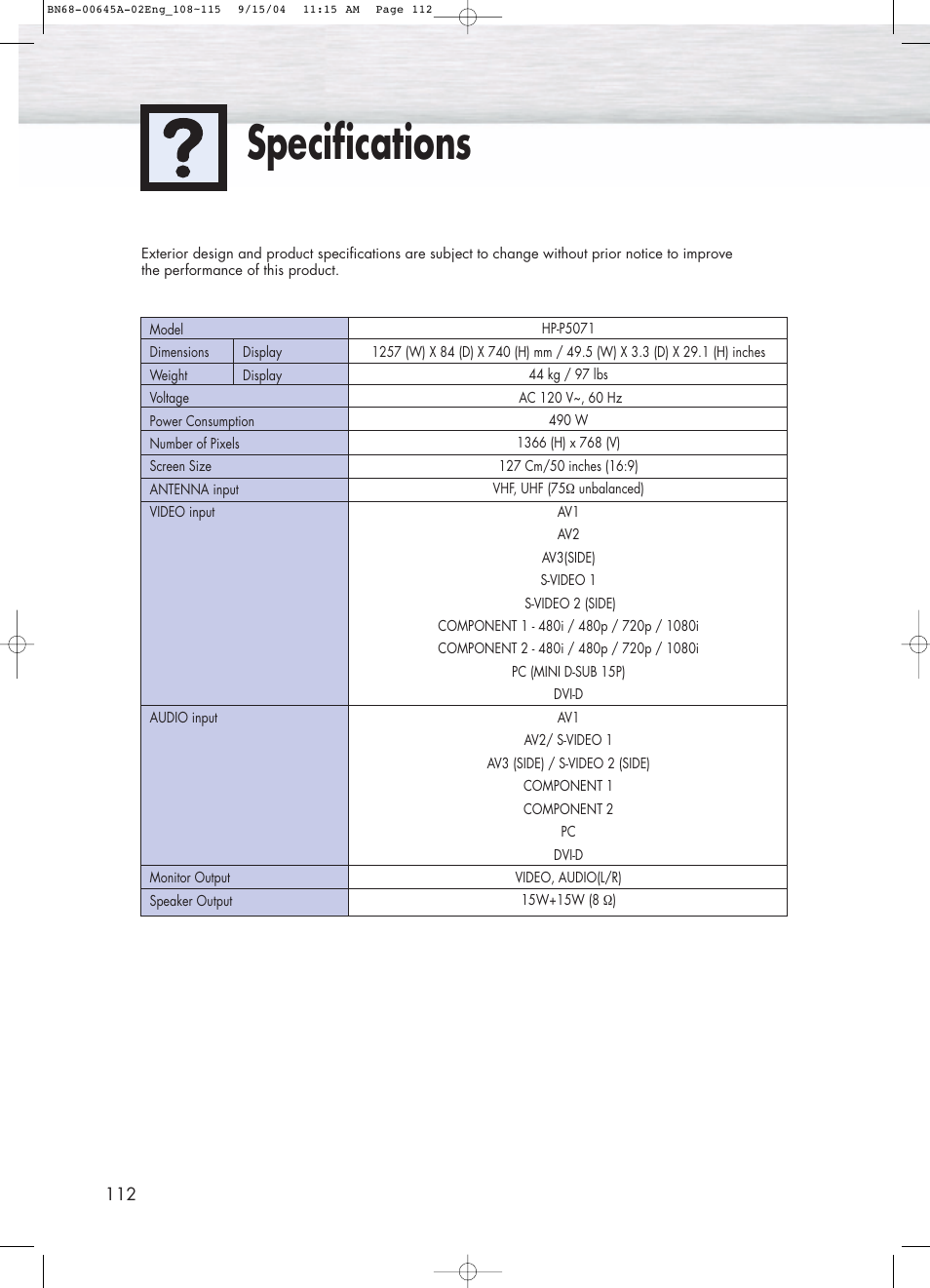 Specifications | Samsung HPP5071X-XAC User Manual | Page 112 / 116