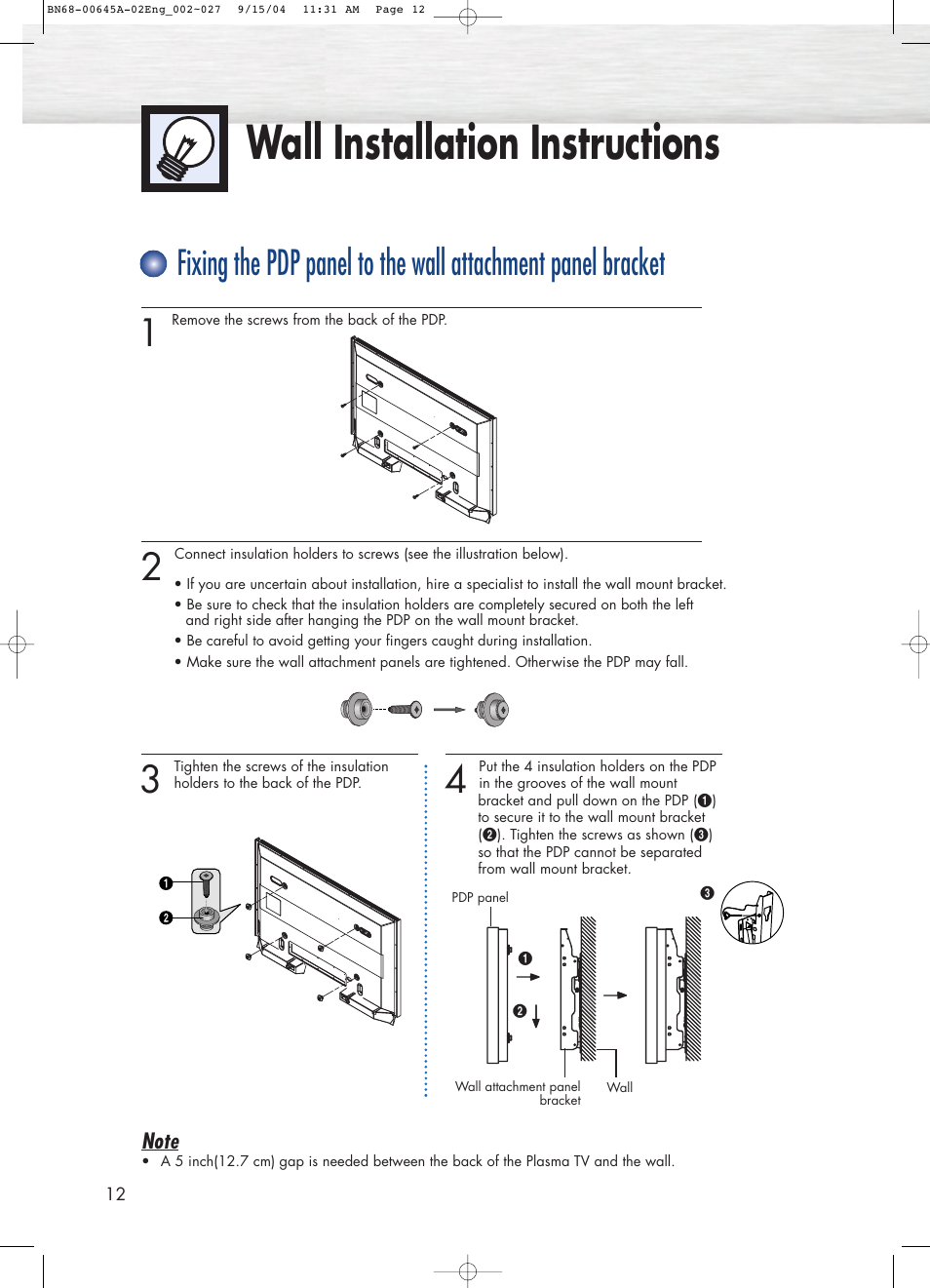 Wall installation instructions | Samsung HPP5071X-XAC User Manual | Page 12 / 116