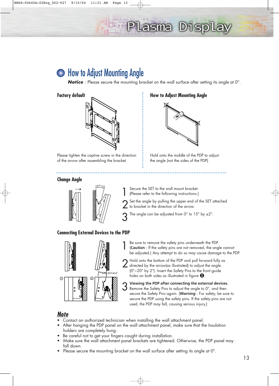 How to adjust mounting angle | Samsung HPP5071X-XAC User Manual | Page 13 / 116