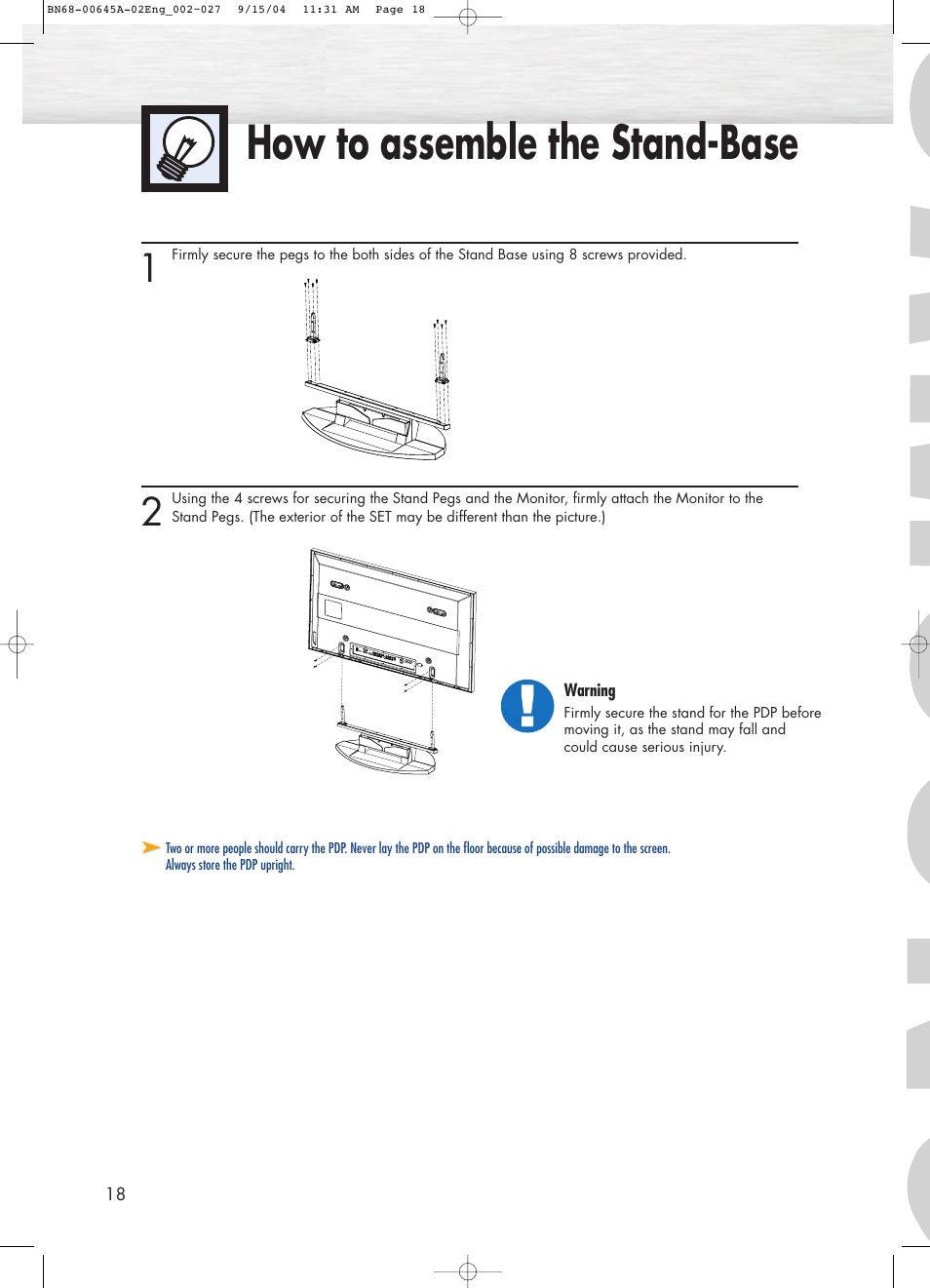 How to assemble the stand-base | Samsung HPP5071X-XAC User Manual | Page 18 / 116