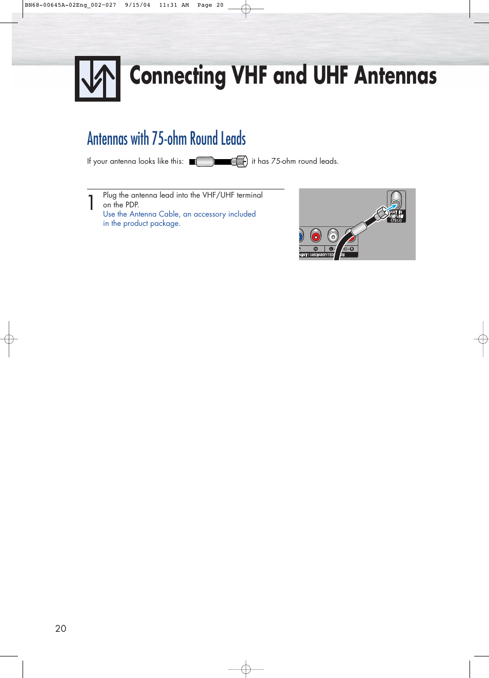 Connecting vhf and uhf antennas, Antennas with 75-ohm round leads | Samsung HPP5071X-XAC User Manual | Page 20 / 116