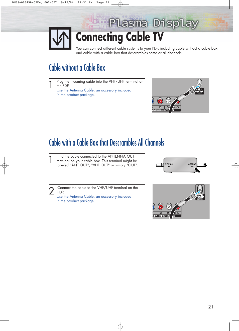 Connecting cable tv, Cable without a cable box | Samsung HPP5071X-XAC User Manual | Page 21 / 116