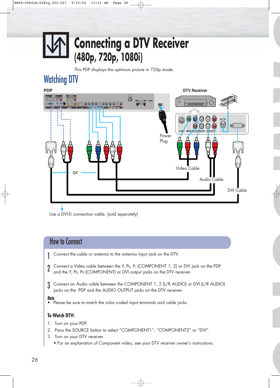 Connecting a dtv receiver, Watching dtv, How to connect 1 2 3 | Samsung HPP5071X-XAC User Manual | Page 26 / 116