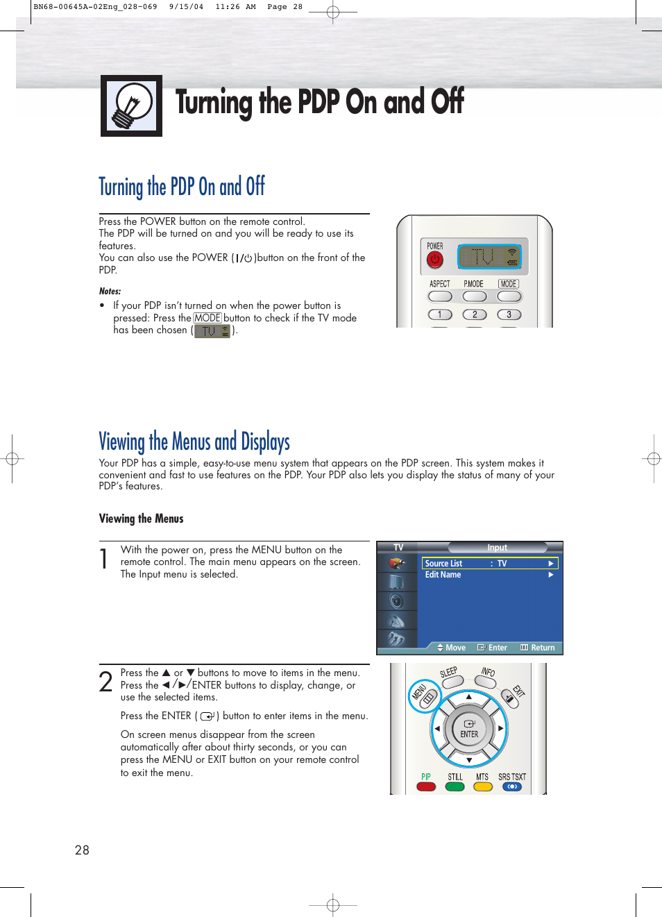 Turning the pdp on and off, Viewing the menus and displays | Samsung HPP5071X-XAC User Manual | Page 28 / 116