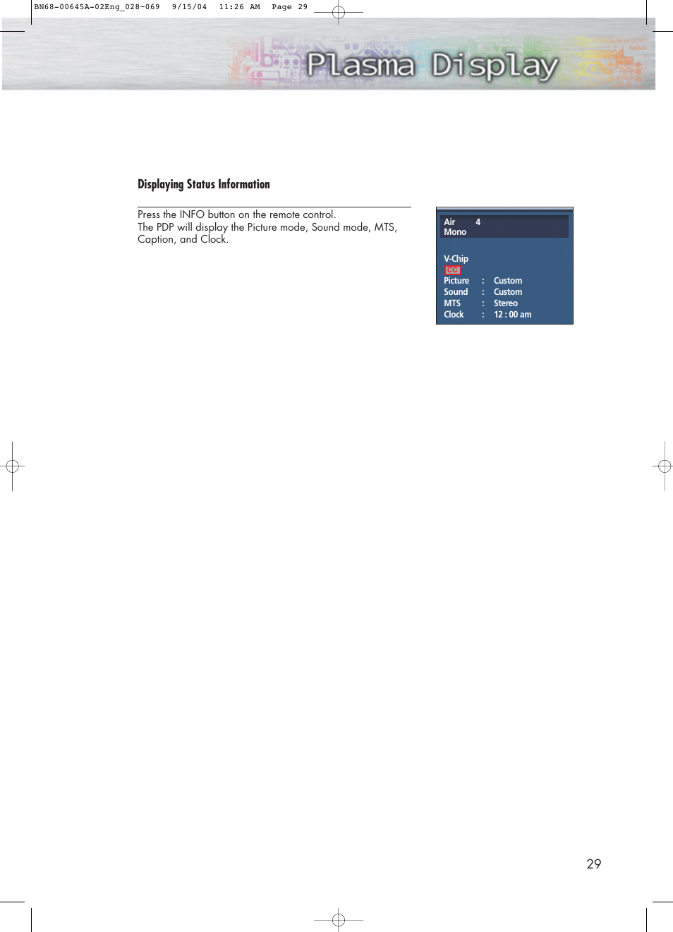 29 displaying status information | Samsung HPP5071X-XAC User Manual | Page 29 / 116