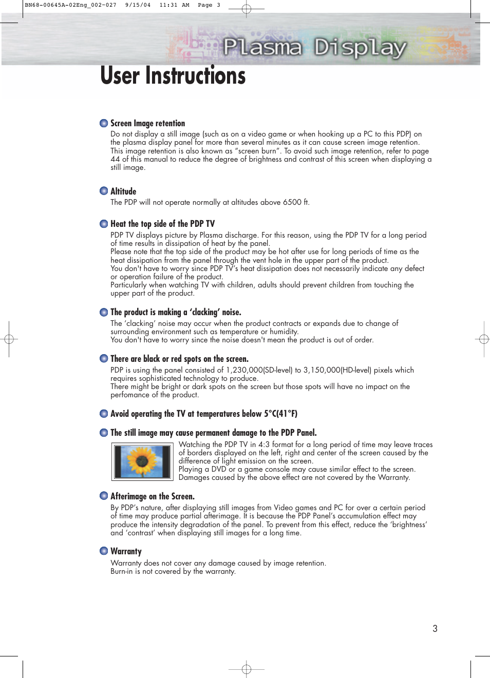 User instructions | Samsung HPP5071X-XAC User Manual | Page 3 / 116