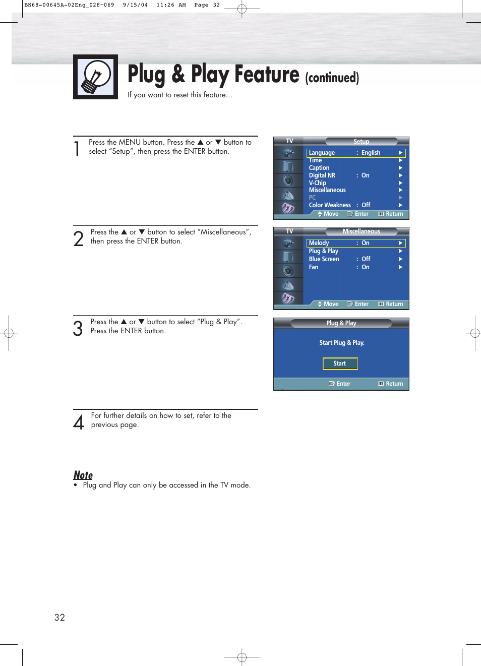 Plug & play feature, Continued) | Samsung HPP5071X-XAC User Manual | Page 32 / 116