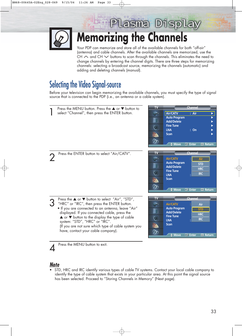 Memorizing the channels, Selecting the video signal-source | Samsung HPP5071X-XAC User Manual | Page 33 / 116