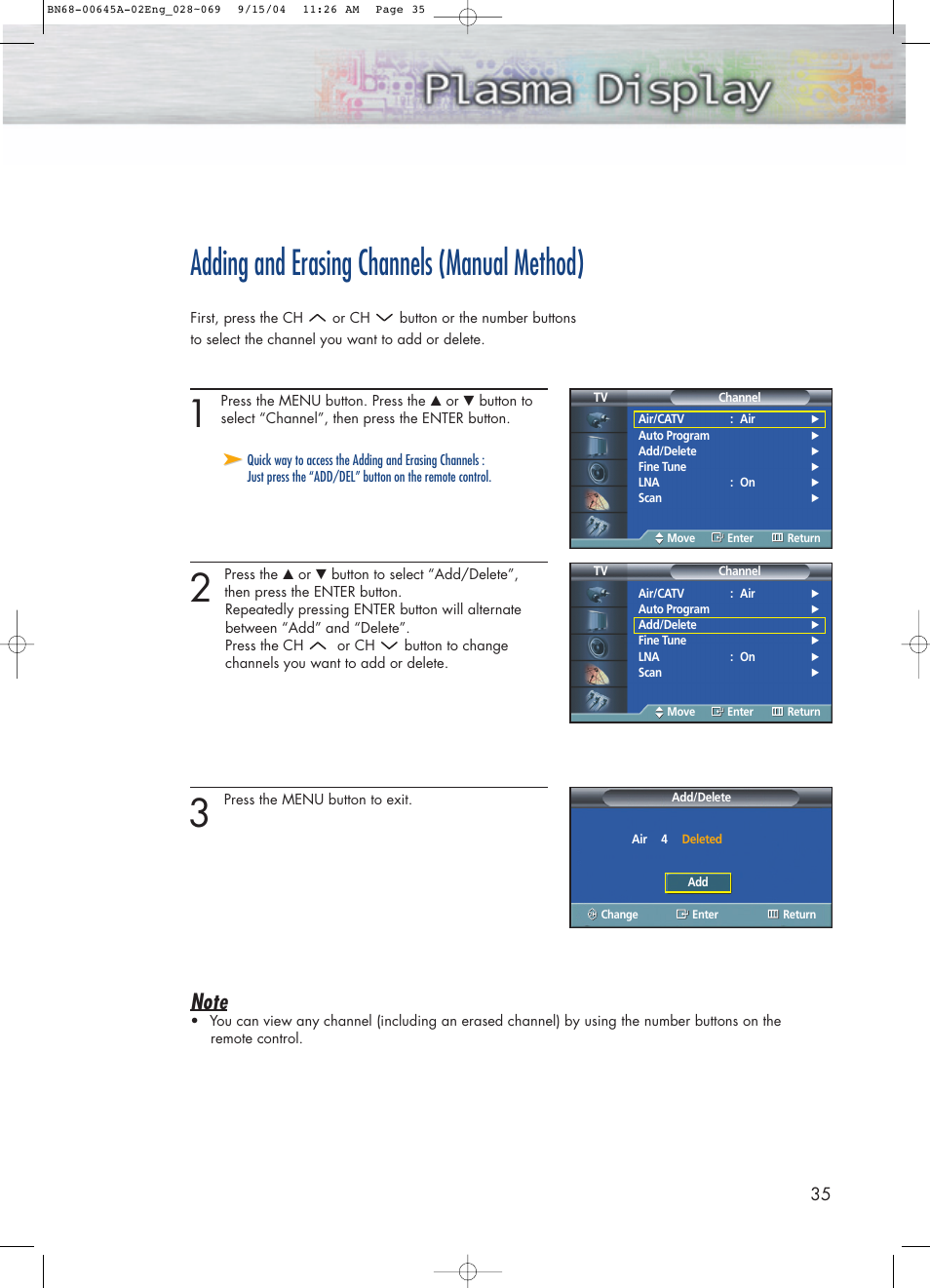 Adding and erasing channels (manual method) | Samsung HPP5071X-XAC User Manual | Page 35 / 116