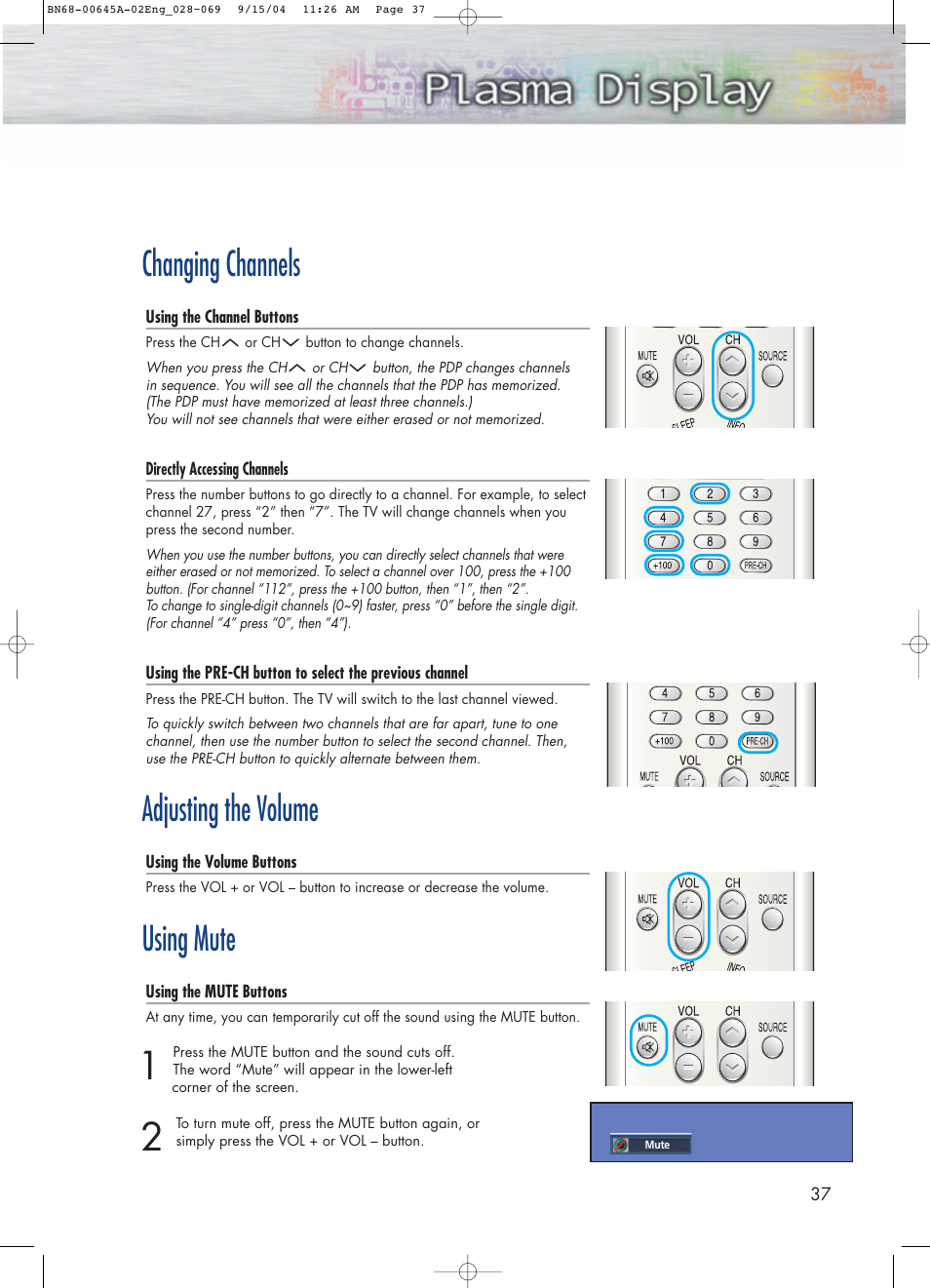 Changing channels, Adjusting the volume, Using mute | Samsung HPP5071X-XAC User Manual | Page 37 / 116