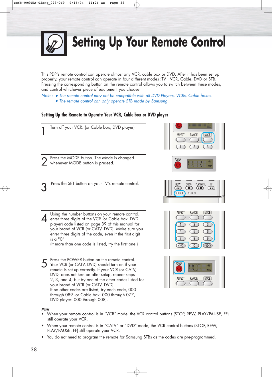 Setting up your remote control | Samsung HPP5071X-XAC User Manual | Page 38 / 116