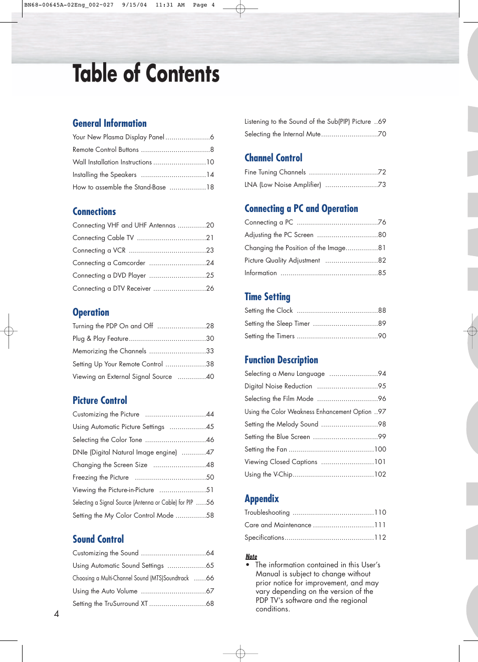 Samsung HPP5071X-XAC User Manual | Page 4 / 116