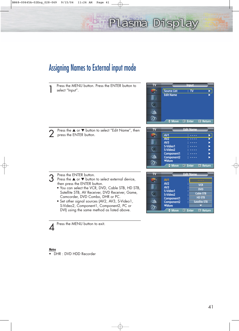 Assigning names to external input mode | Samsung HPP5071X-XAC User Manual | Page 41 / 116