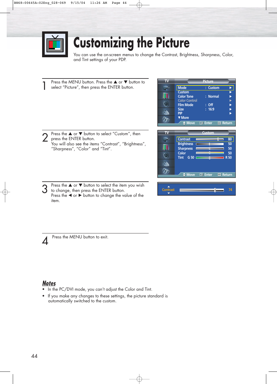 Customizing the picture | Samsung HPP5071X-XAC User Manual | Page 44 / 116