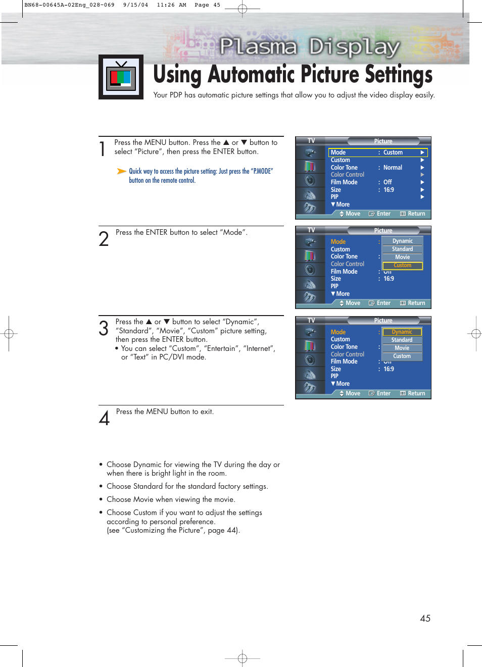 Using automatic picture settings | Samsung HPP5071X-XAC User Manual | Page 45 / 116