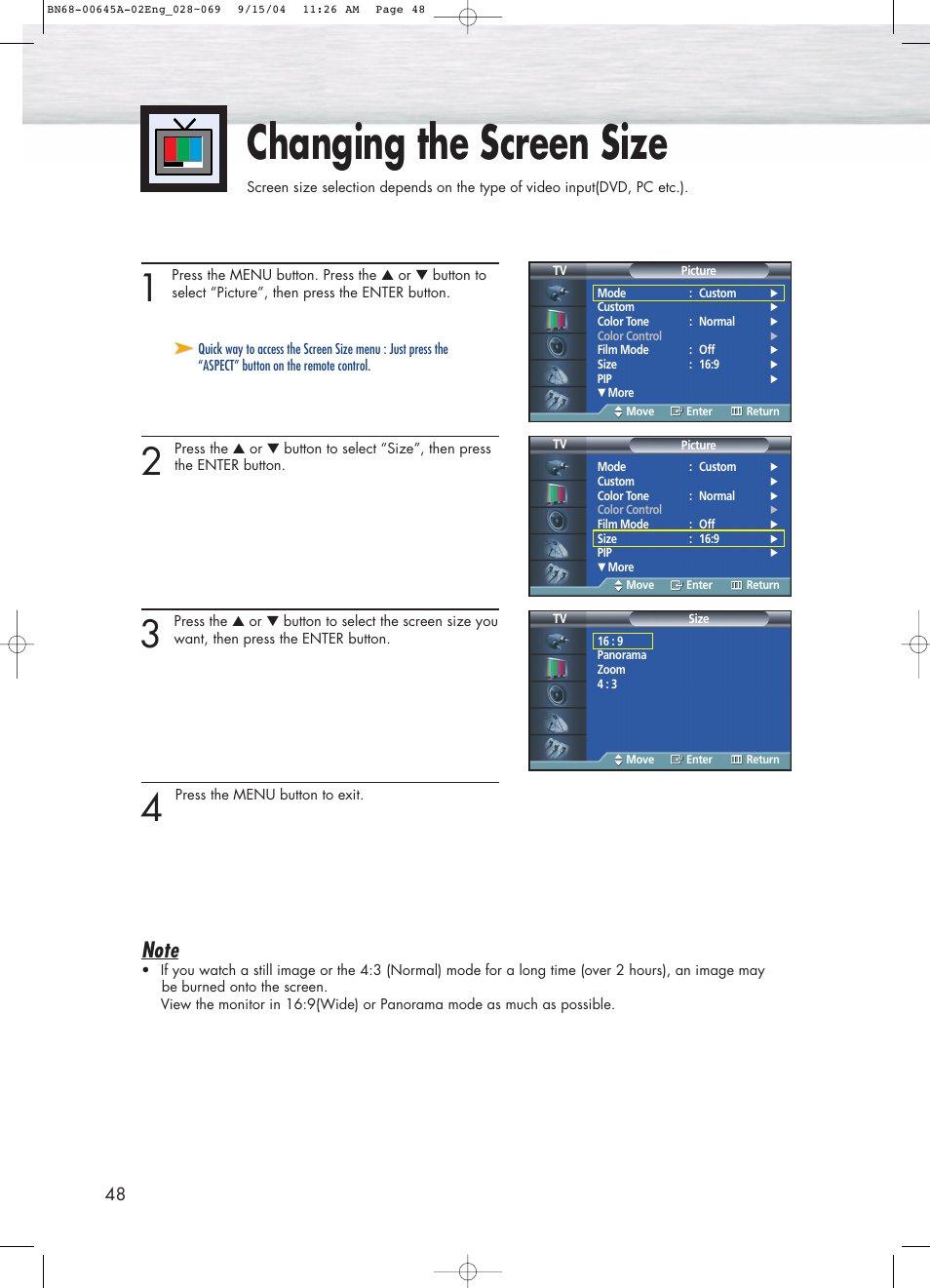 Changing the screen size | Samsung HPP5071X-XAC User Manual | Page 48 / 116