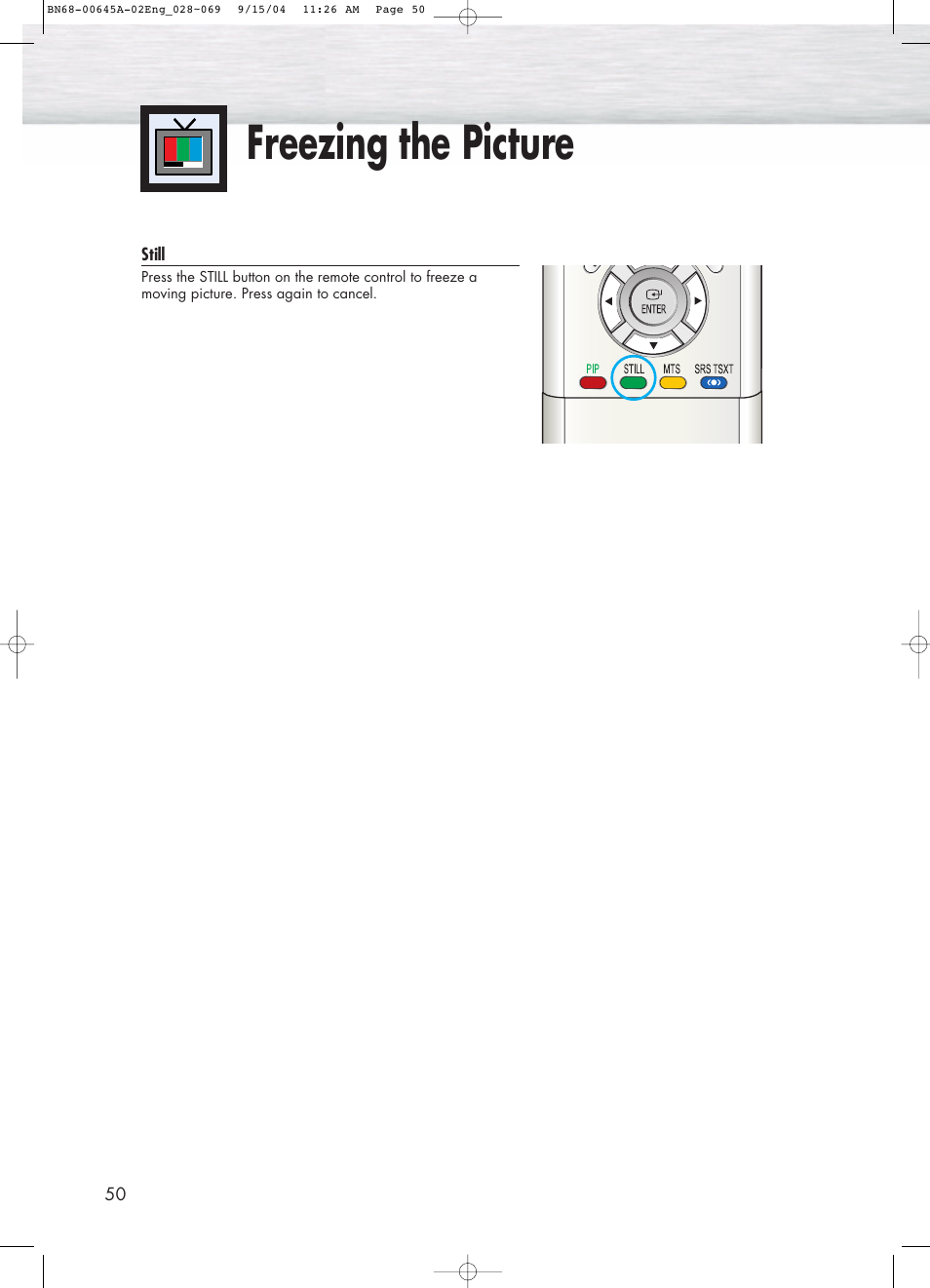 Freezing the picture | Samsung HPP5071X-XAC User Manual | Page 50 / 116