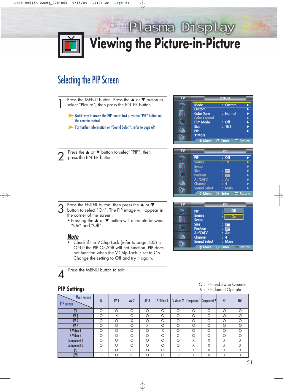 Viewing the picture-in-picture, Selecting the pip screen, Pip settings | Samsung HPP5071X-XAC User Manual | Page 51 / 116