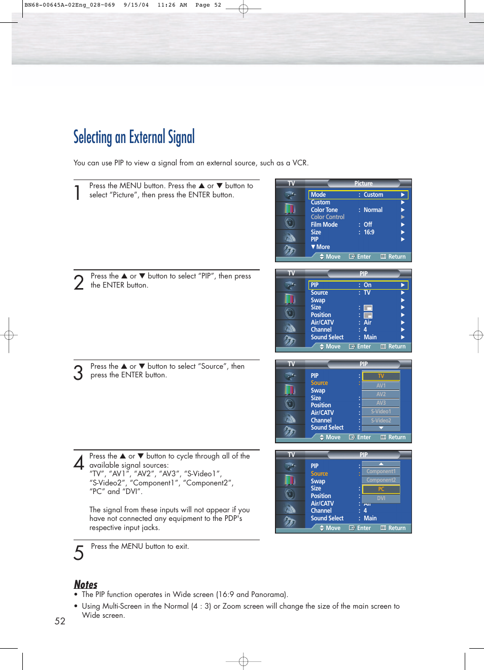 Selecting an external signal | Samsung HPP5071X-XAC User Manual | Page 52 / 116