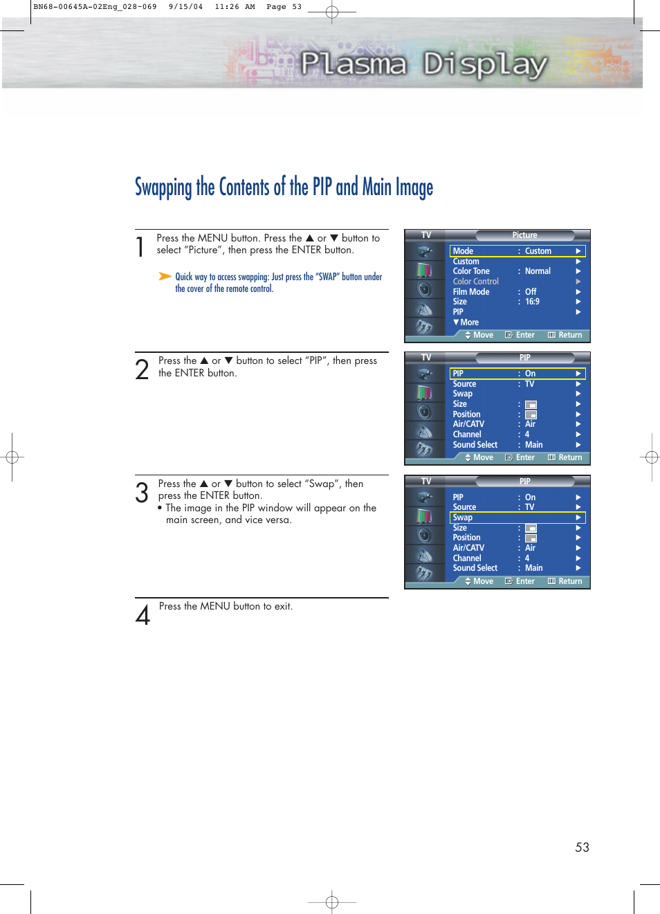 Swapping the contents of the pip and main image | Samsung HPP5071X-XAC User Manual | Page 53 / 116