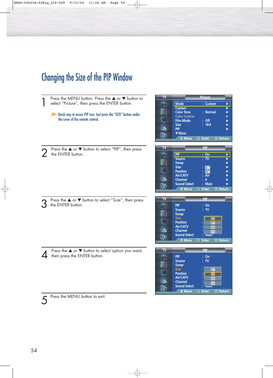 Changing the size of the pip window | Samsung HPP5071X-XAC User Manual | Page 54 / 116