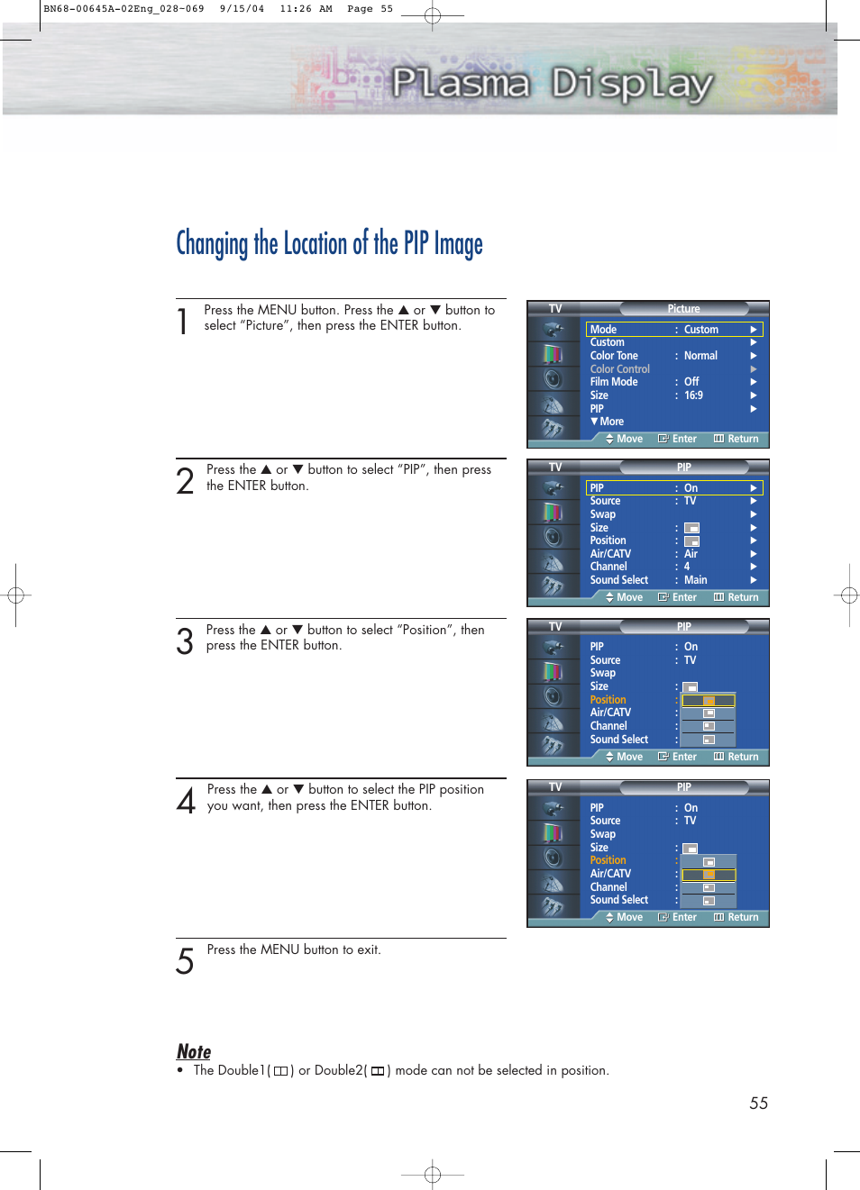 Changing the location of the pip image | Samsung HPP5071X-XAC User Manual | Page 55 / 116