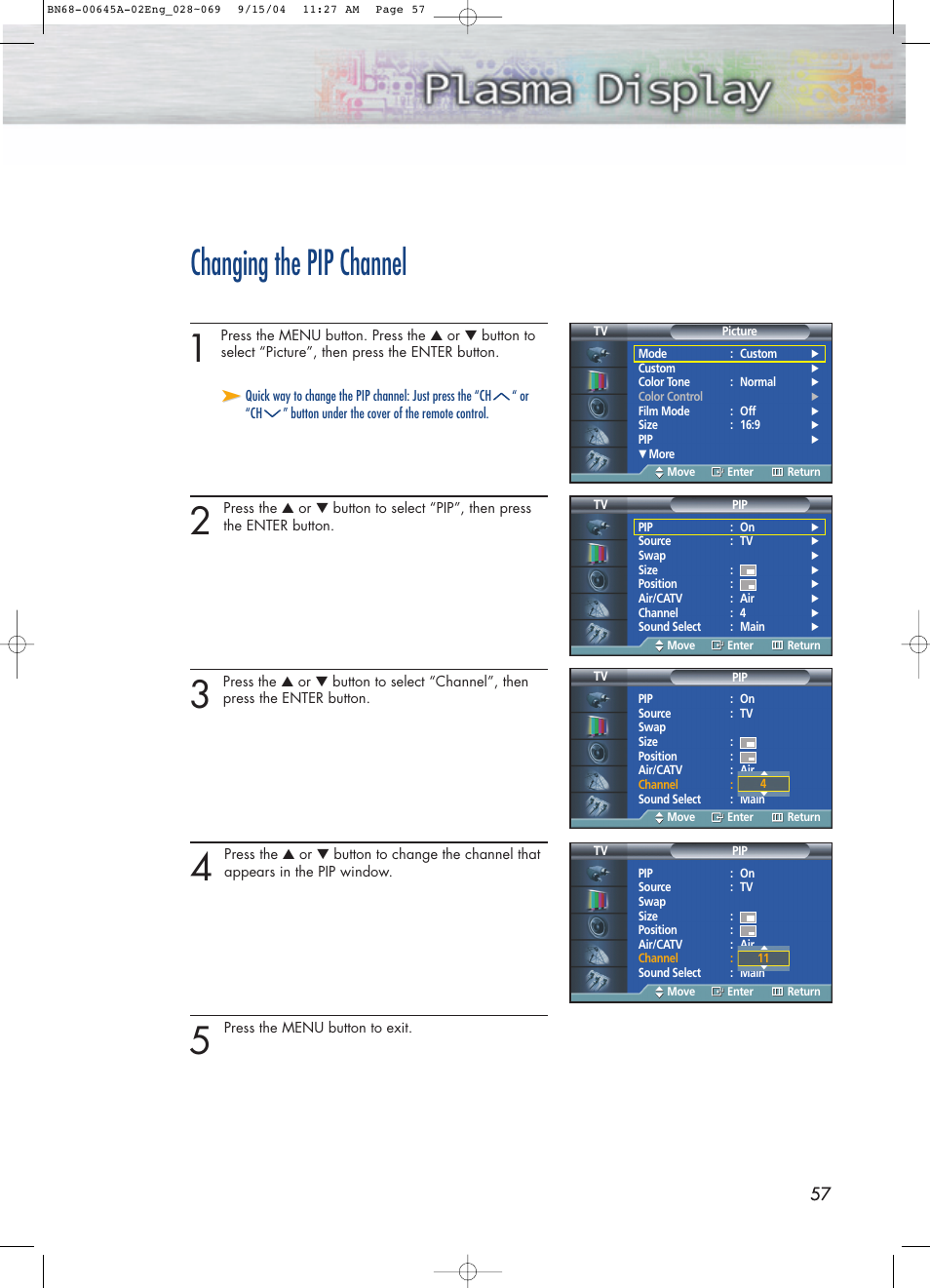 Changing the pip channel | Samsung HPP5071X-XAC User Manual | Page 57 / 116