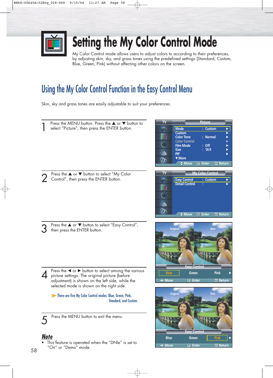 Setting the my color control mode | Samsung HPP5071X-XAC User Manual | Page 58 / 116