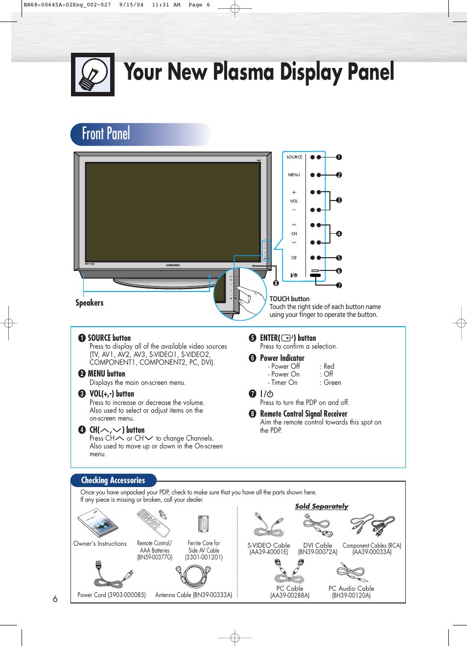 Your new plasma display panel, Front panel | Samsung HPP5071X-XAC User Manual | Page 6 / 116