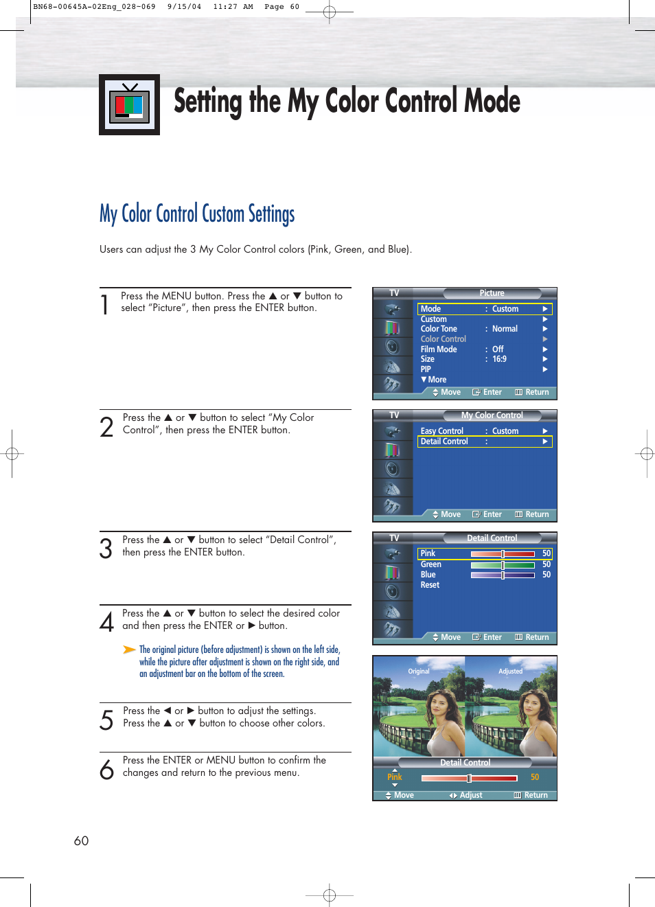 Setting the my color control mode, My color control custom settings | Samsung HPP5071X-XAC User Manual | Page 60 / 116