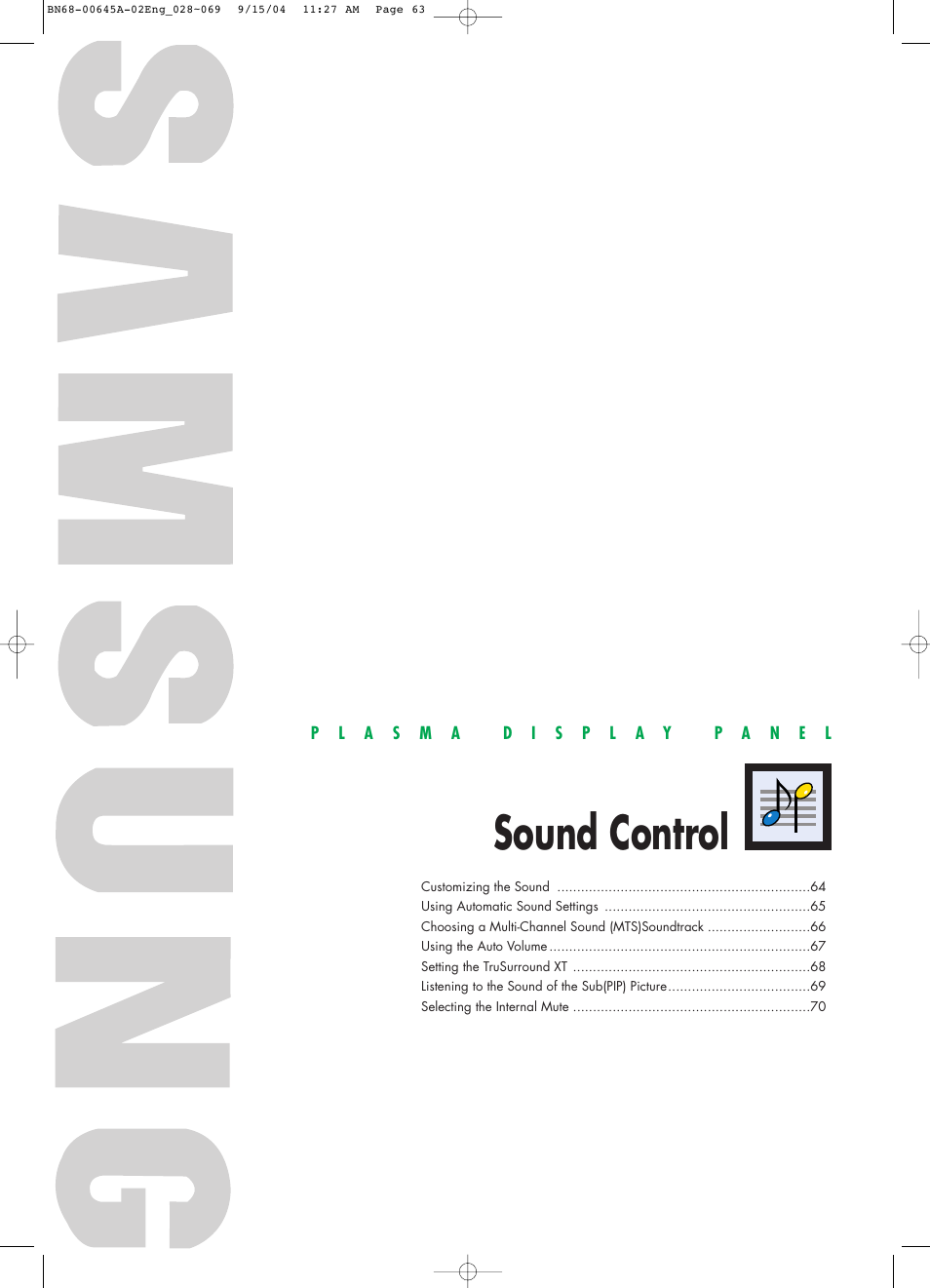 Sound control | Samsung HPP5071X-XAC User Manual | Page 63 / 116