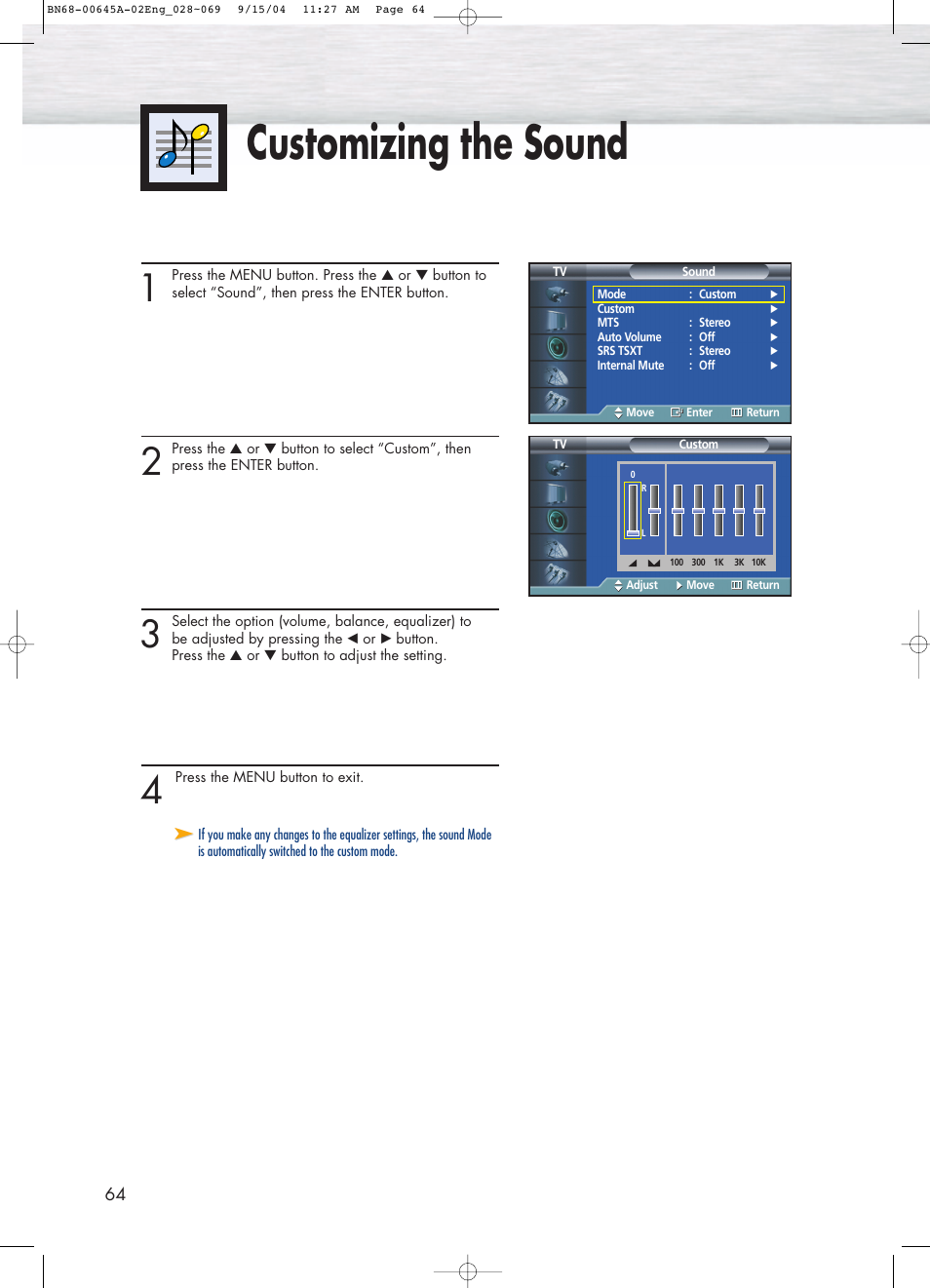 Customizing the sound | Samsung HPP5071X-XAC User Manual | Page 64 / 116