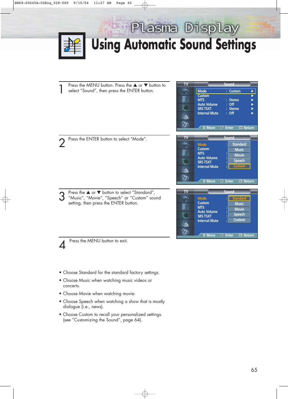 Using automatic sound settings | Samsung HPP5071X-XAC User Manual | Page 65 / 116